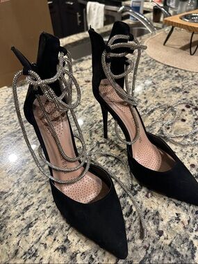 Black High Heel Pointed-Toe Ankle Wrap Pumps with Rhinestone Cords